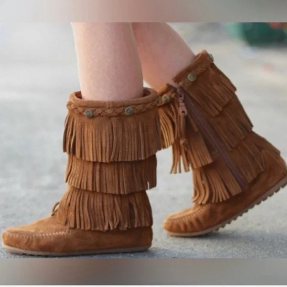 Minnetonka 3-Layer Fringe Bohemian Girls Leather Moccasin Boots Size 10 - Picture 10 of 14